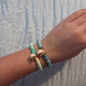 Turquoise and Blue Beaded Bracelets with Shell Charms